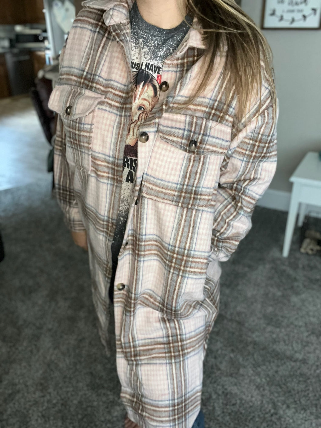 Pink Plaid Long Shacket